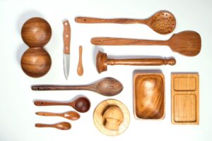 Home kitchen utensils on a white background. Knolling arrangement.
